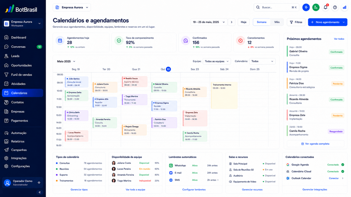 Calendário de agendamento online da BotBrasil com horários disponíveis e confirmação automática — BotBrasil para clínicas