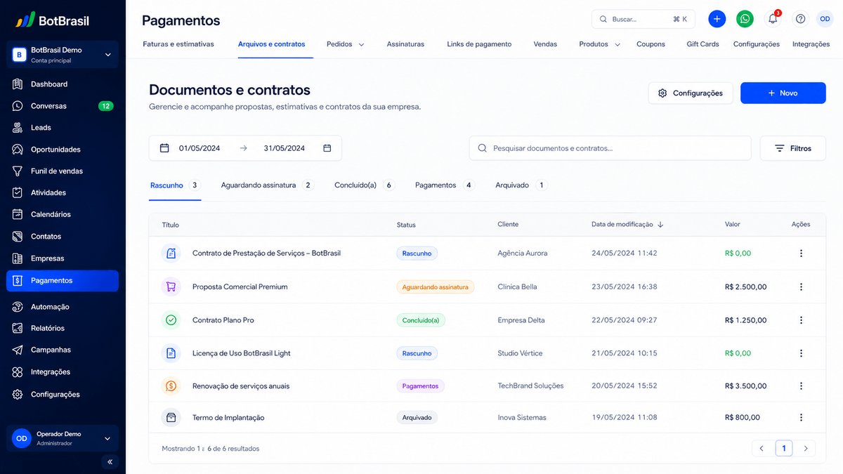 Gestão de contratos digitais da BotBrasil com assinatura, arquivamento automático e fluxo no WhatsApp — BotBrasil para clínicas