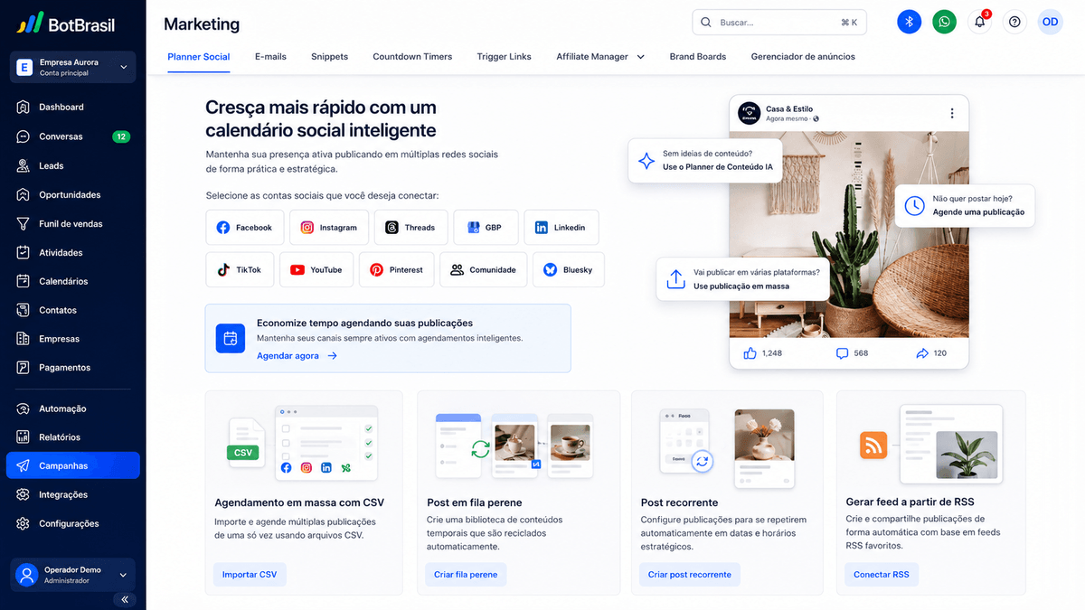 Painel de marketing da BotBrasil com gestão de redes sociais, campanhas e relatórios de conversão — BotBrasil para clínicas