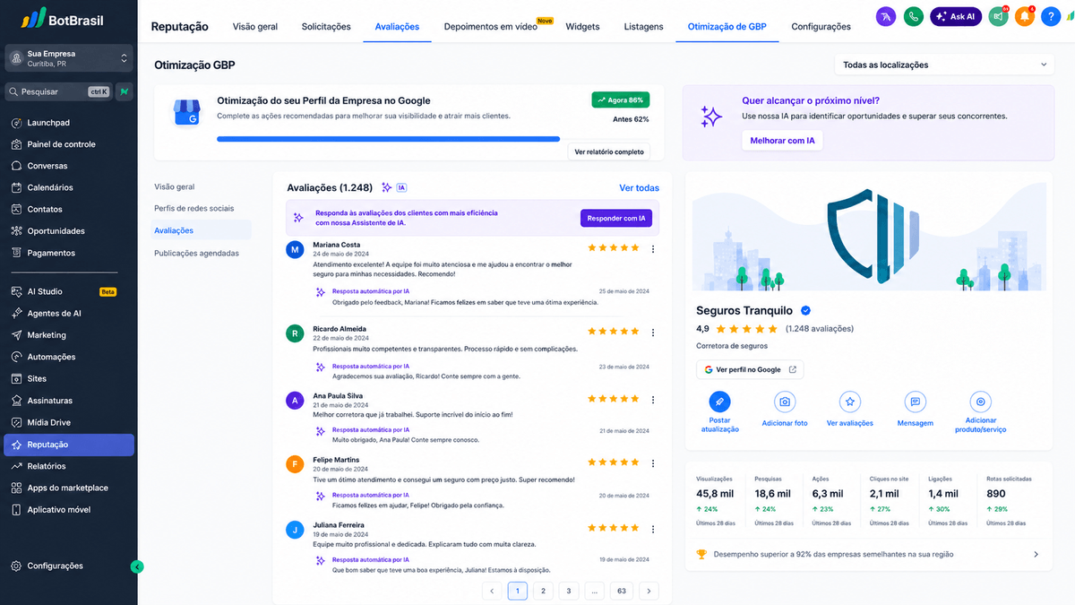 Painel de reputação online da BotBrasil com avaliações do Google, NPS e respostas automáticas — BotBrasil para clínicas